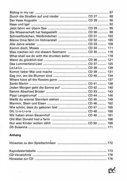 Bursch, Peter: Peter Bursch`s Kinderliederbuch für Gitarre, mit CD, Songbook Inhalt