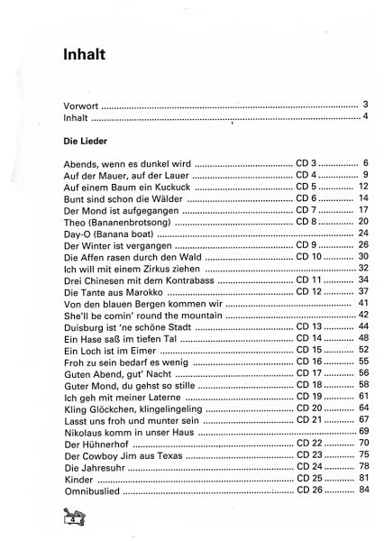 Bursch, Peter: Peter Bursch`s Kinderliederbuch für Gitarre, mit CD, Songbook Inhalt