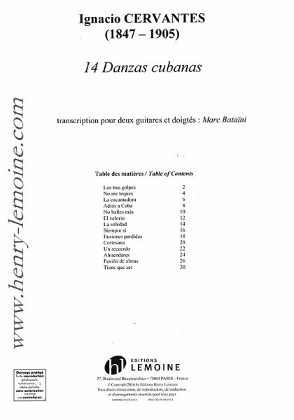 Cervantes, Ignacio: Danzas Cubanas für 2 Gitarren, Noten für Gitarrenduo Inhalt