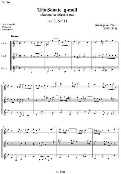 Corelli, Arcangelo: Triosonate g-moll op.3 Nr.11 für 3 Gitarren, Gitarrentrio Noten Beispiel
