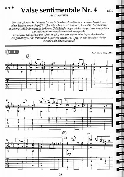 Das Romantische Gitarrenbuch, herausgegeben von David Ryder, Noten und Tabulatur, 35 Stücke für Gitarre aus verschiedenen Jahrhunderten, Noten Besipiel