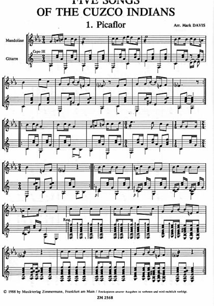 Davis, Mark: 5 Songs of the Cuzco-Indians for Guitar and Mandolin or Melody Instrument, sheet music sample