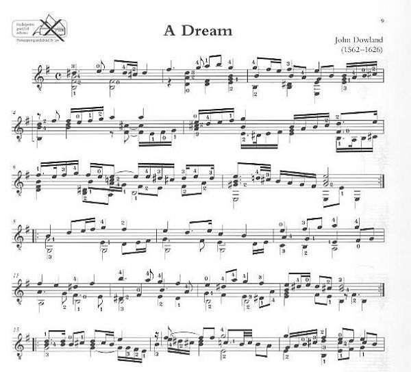 Dowland, John: A Dream,  Melancholy Galliard, Sir John Smith his Almaine, A Fancy - Neue Karl Scheit Gitarren Edition, Noten Beispiel