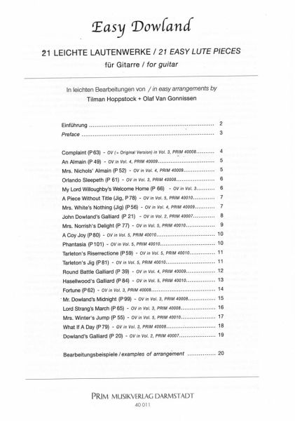 Dowland, John: Easy Dowland, 21 leichte Lautenwerke für Gitarre solo, Noten Inhalt