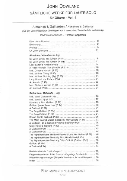 Dowland, John: Sämtliche Lautenwerke im Urtext Vol. 4 - Almaines und Galliarden für Gitarre solo, Noten Inhalt