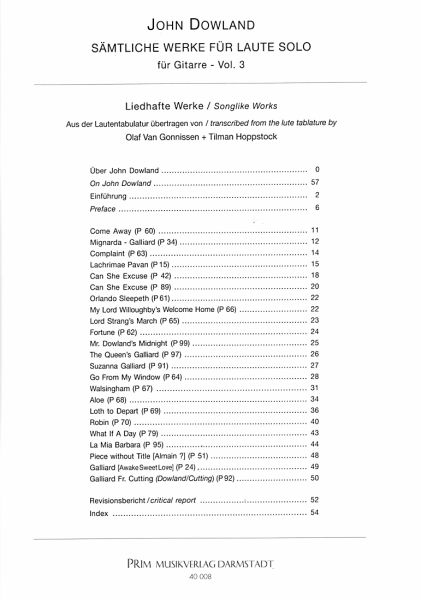 Dowland, John: Sämtliche Lautenwerke im Urtext Vol. 3 - Liedhafte Werke für Gitarre solo, Noten Inhalt