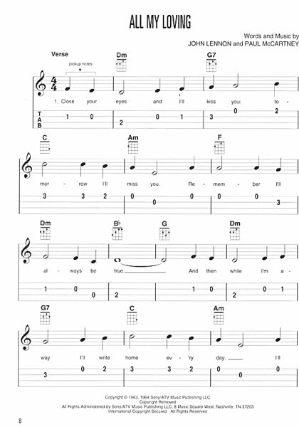 Easy Songs for Ukulele, songbook with melody in standard notation and tablature, very easy, published by Lil Rev sample