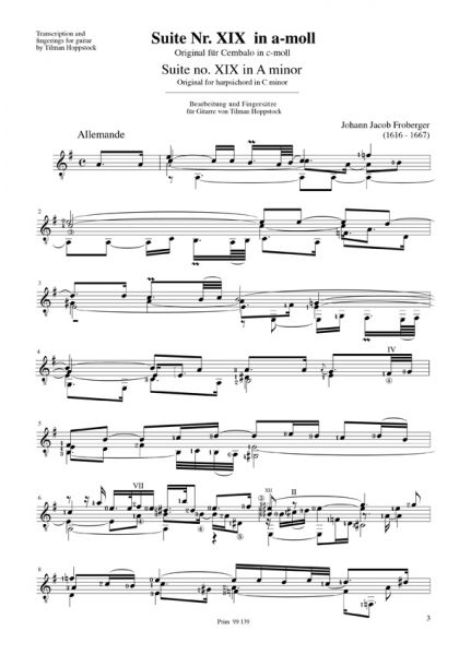 Froberger, Johann Jakob: Suite Nr. 19 für Gitarre solo, Noten Beispiel