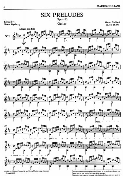 Giuliani, Mauro: 6 Preludes op. 83 für Gitarre solo, Noten Urtext Beispiel
