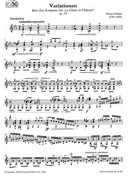 Giuliani, Mauro: Variations on a Romance from "La Gloire et l'Amour", for guitar solo, New Karl Scheit Edition, sheet music sample
