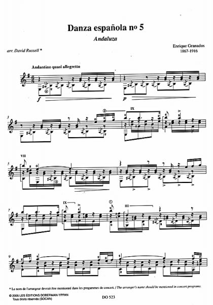 Granados, Enrique: Danzas espanolas nos. 5 and 10, La Maja de Goya, sheet music for solo guitar, edited by David Russel, sample