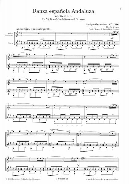 Granados, Enrique: Danza Espanola op.35, Nr. 5 Andaluza für Violine und Gitarre, Noten Beispiel