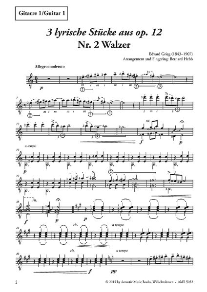 Grieg, Edvard: 3 lyrische Stücke op. 12 für 2 Gitarren, Noten Beispiel Gitarre 1