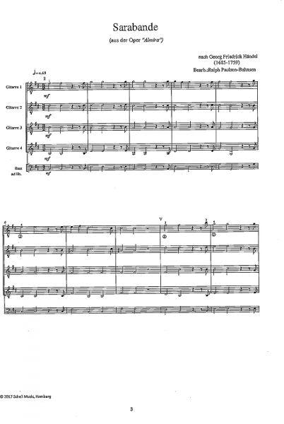 Händel, Georg Friedrich: Sarabande für 4 Gitarren, Noten Beispiel