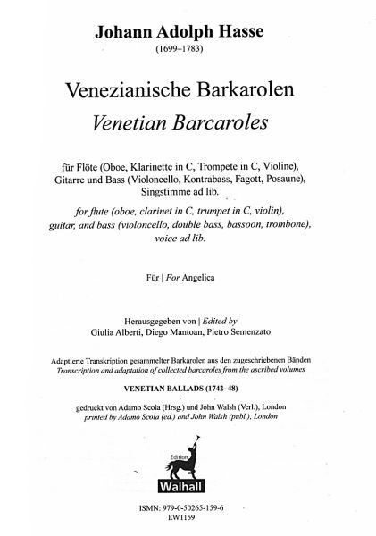 Hasse, Johann Adolph: Venetian Barcaroles for 1 high instrument, guitar and bass (voice ad lib), sheet music