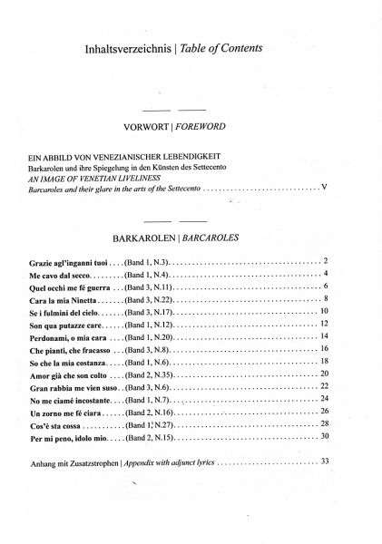 Hasse, Johann Adolph: Venezianische Barkarolen für 1 hohes Instrument, Gitarre und Bass (Singstimme ad lib), Noten Inhalt