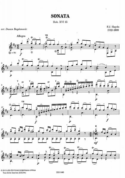 Haydn, Joseph: Sonata Hob. XVI for Guitar solo arranged by Dusan Bogdanovic, sheet music