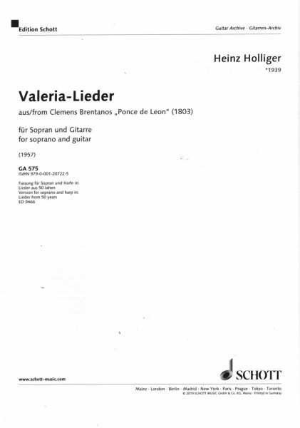 Holliger, Heinz: Valeria-Lieder für Sopran und Gitarre, Gedichte aus Clemens Brentanos "Ponce de Leon" (1803), Noten Inhalt