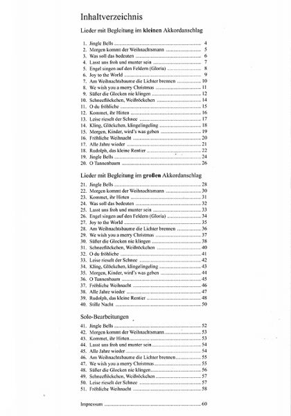 Hübner, Thomas und Steitz, Tilman: Gitarrespielen zur Weihnachtszeit für Anfänger und Fortgeschrittene, Noten Inhalt