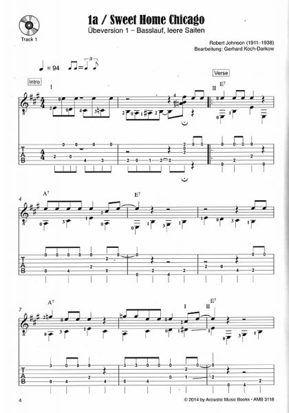 Johnson, Robert: Sweet Home Chicago, Fingerstyle Blues Songbook with exercises, guitar solo, sheet music sample
