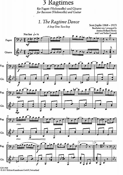 Joplin, Scott, Debussy, Claude: 3 Ragtimes für Cello (Fagott) und Gitarre, Noten Beispiel