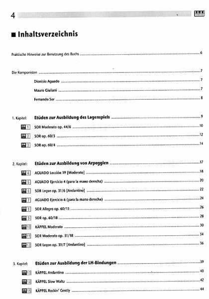 Käppel, Hubert: Die 33 wichtigsten Etüden für die Unterstufe, Gitarrenetüden, Noten Inhalt