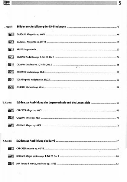 Käppel, Hubert: Die 44 wichtigsten Etüden für die Mittelstufe, Gitarrenetüden, Noten Inhalt