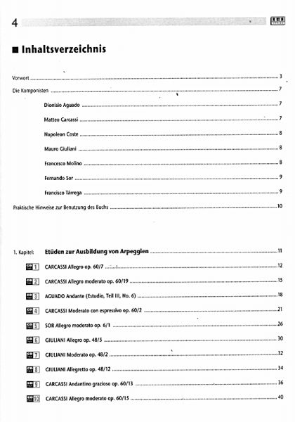 Käppel, Hubert: Die 44 wichtigsten Etüden für die Mittelstufe, Gitarrenetüden, Noten Inhalt