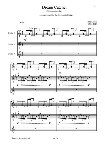 Kindle, Jürg: Dream Catcher for 3 Guitars or Guitar Ensemble, sheet music sample