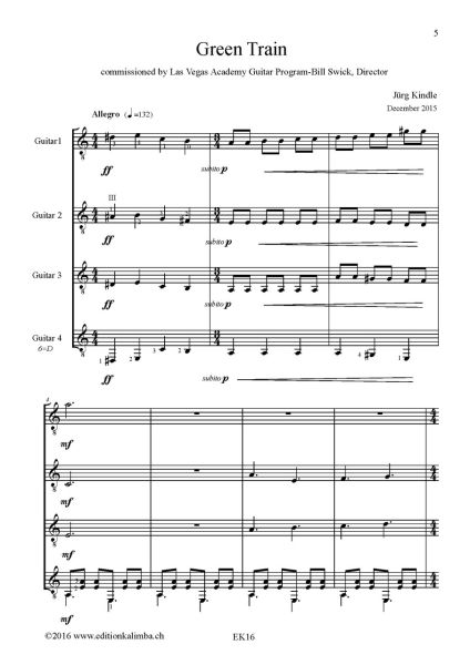 Kindle, Jürg: Green Train for 4 Guitars or Guitar Ensemble, sheet music sample