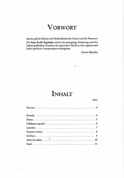 Klaschka, Martin: Suite Facile Espanola für Gitarre solo, Noten Inhalt