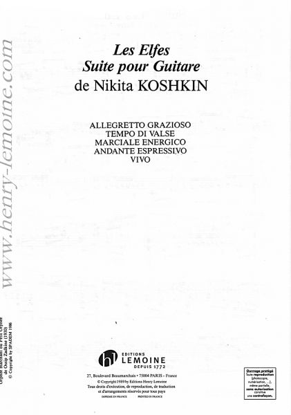 Koshkin, Nikita: Les Elfes für Gitarre solo, Noten Inhalt