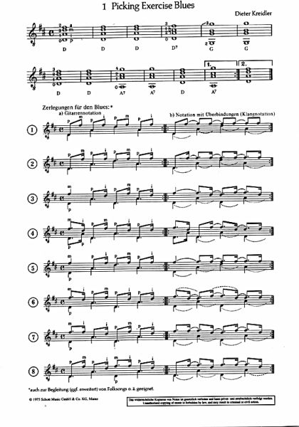 Kreidler, Dieter: Picking Blues, easy Blues pieces for guitar solo, sheet music sample