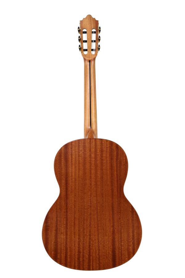 Lacuerda 65 ergo with armrest, matt finished classical guitar with solid spruce top, back view