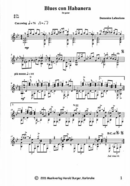 Lafasciano, Domenico: Blues Con Habanera, sheet music for guitar solo sample