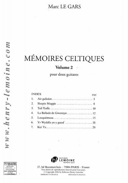 Le Gars, Marc: Memoires Celtiques Vol. 2 for 2 guitars, sheet music for guitar duo content