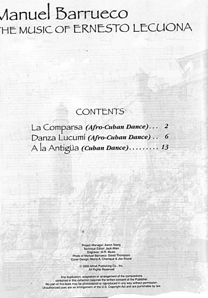Lecuona, Ernesto: The Music of Ernesto Lecuona, arrangement Manuel Barrueco, guitar solo, sheet music  content