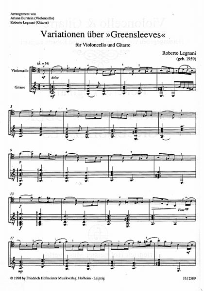 Legnani, Roberto: Variationen über Greensleeves für Cello und Gitarre, Noten Beispiel