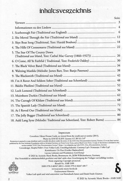 Luft, Volker: More Celtic Ballads für Gitarre solo oder Gesang/ Melodieinstrument in C und Gitarre, Noten  und Tabulatur Inhalt