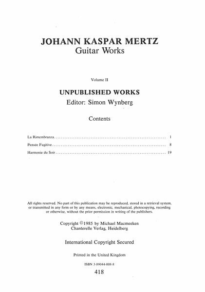 Mertz, Johann, Kaspar: Guitar Works Vol. 2,  Unpublished Works, sheet music content