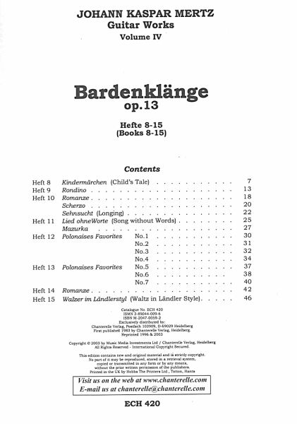 Mertz, Johann Kaspar: Guitar Works Vol. 4, Bardenklänge Hefte 8-15, Edition Simon Wynberg Inhalt