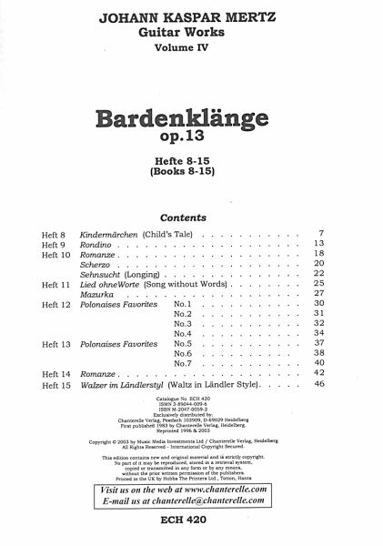 Mertz, Johann Kaspar: Guitar Works Vol. 4, Bardenklänge Hefte 8-15, Edition Simon Wynberg Inhalt