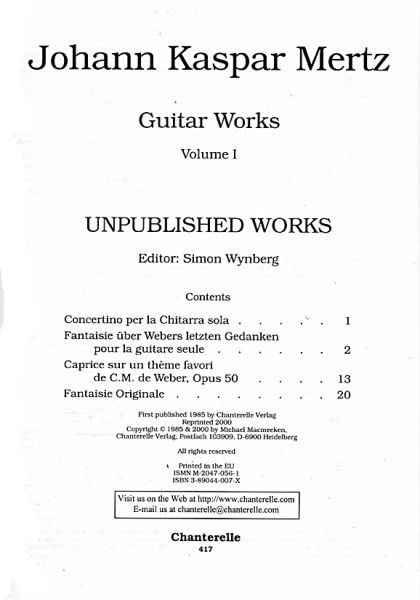Mertz, Johann, Kaspar: Guitar Works Vol.1, Unpublished Works, Edition Simon Wynberg, sheet music content
