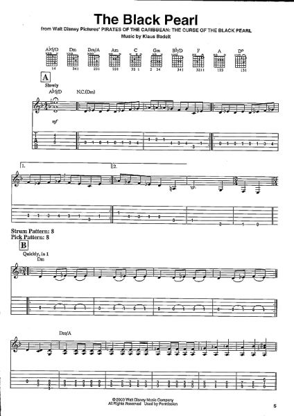 Pirates of the Carribean for easy guitar, notes and tab sample