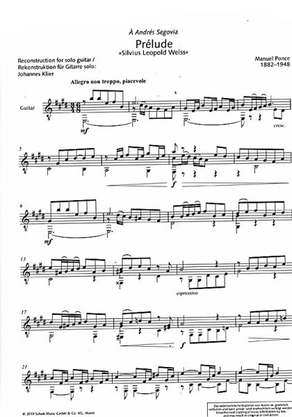 Ponce, Manuel Maria: Prelude Silvius Leopold Weiss for Guitar solo, sheet music sample