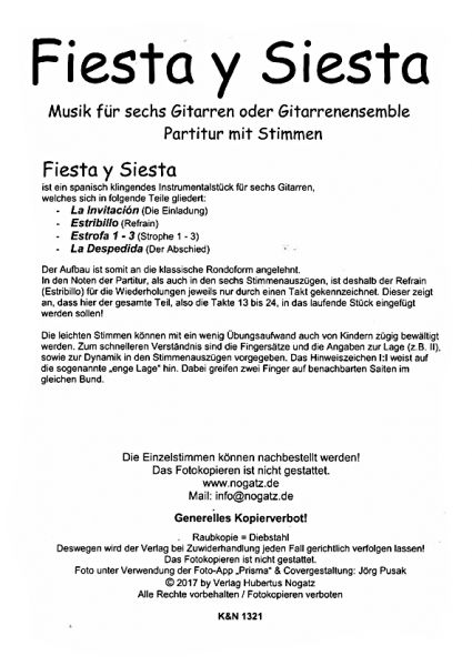 Pusak, Jörg: Fiesta y Siesta, Spanish music for 6 guitars or guitar ensemble, sheet music content
