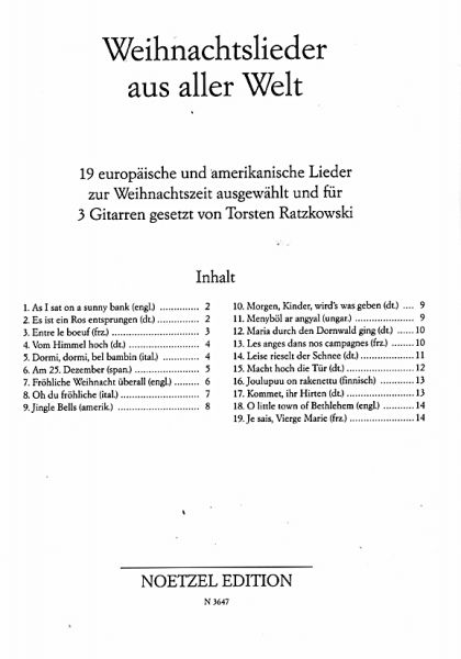 Ratzkowski, Torsten: Weihnachtslieder aus aller Welt für 3 Gitarren, Noten für Gitarrentrio oder Gitarrenensemble Inhalt