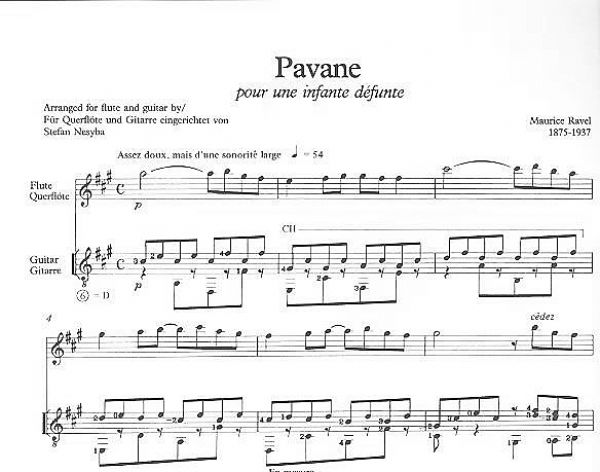 Ravel, Maurice: Pavane pour une infante dèfunte für Flöte und Gitarre, Noten Beispiel
