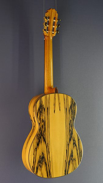Classical guitar Ricardo Moreno, model C-E F, Spanish guitar with solid spruce top and white ebony on back and sides, back view