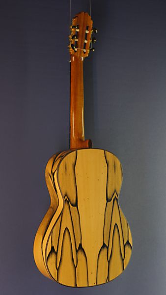 Ricardo Morenoc C-E Zeder, spanische Konzertgitarre mit massiver Zederndecke und weißem Ebenholz an Zargen und Boden, Rückseite